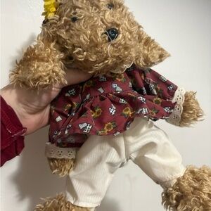 Vintage Brown Teddy Bear with Red Floral Dress